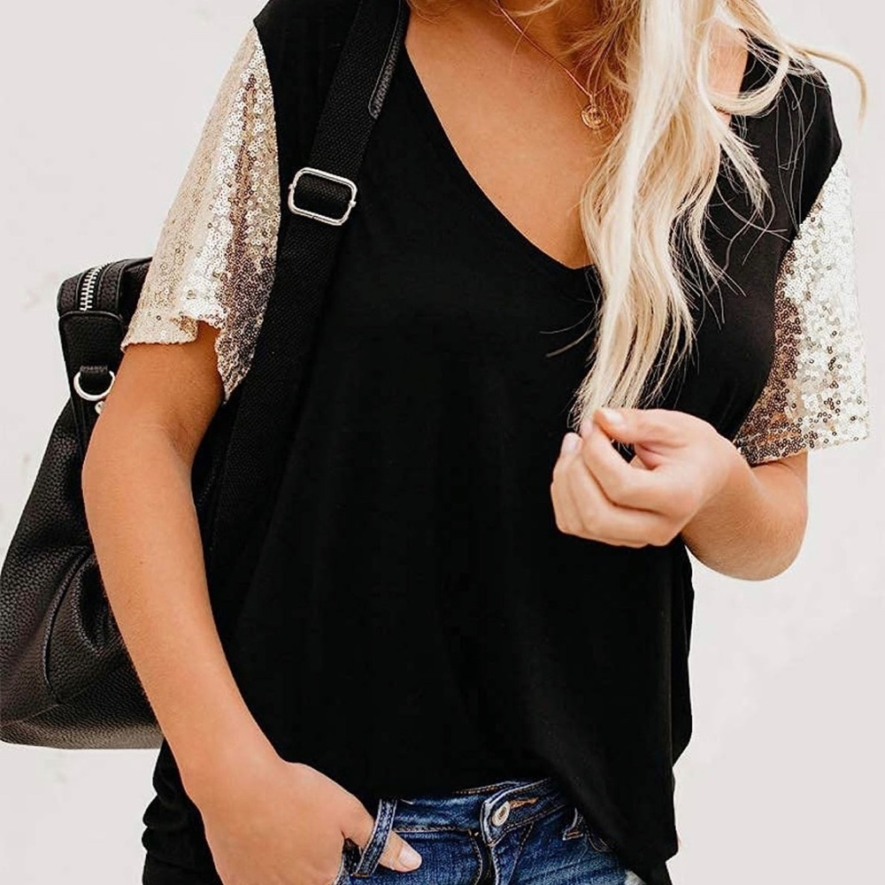 Topstype Womens V neck sequin sleeve black shirt size L